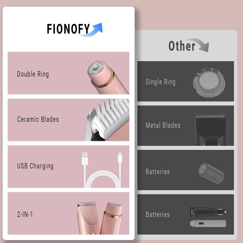 FIONOFY 2-in-1 Bikini Trimmer for Women, Bikini Shaver with Dual Heads, Body and Facial Hair Removal, Rechargeable Cordless Electric Razors for Face Chin Pubic Underarm Legs, IPX7 Waterproof, Pink - Image 5